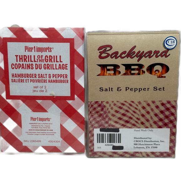 Lot of 3 Ceramic Salt Pepper Shaker Pier 1 Hamburger Backyard BBQ Grill & Burger - Picture 5 of 9